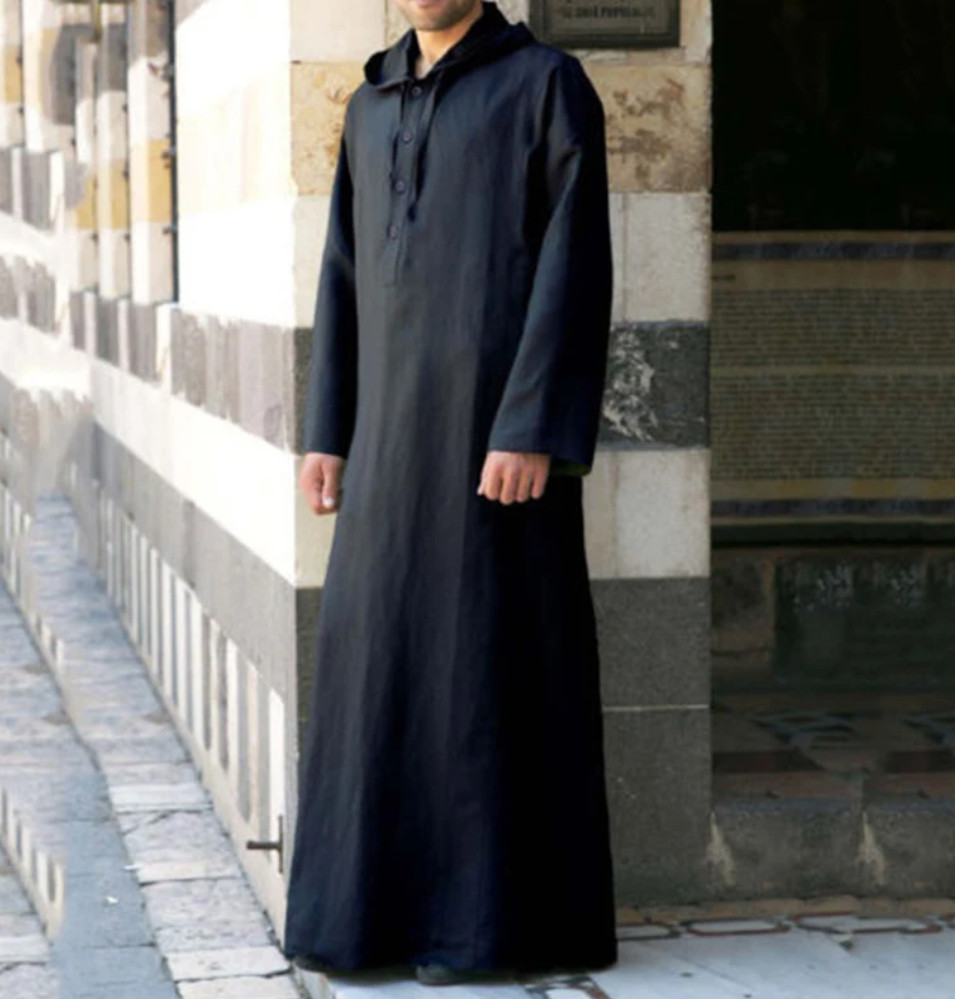 Mens Saudi Jubba Dishdasha Muslim Long Sleeve Hooded Kaftan Cotton Maxi Thobe