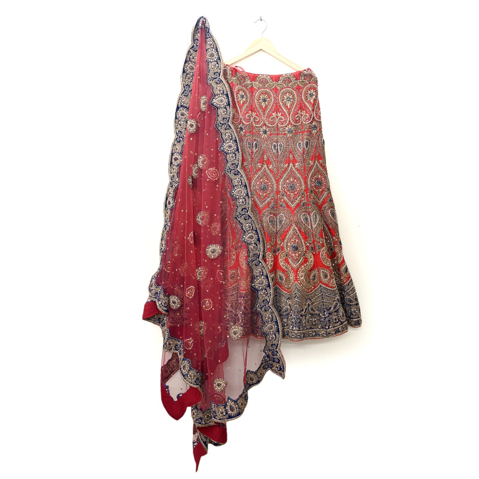 Heavy Red Raw Silk/Net Hand Embroidered Lehenga 3pcs Set By Designer Sabyasachi