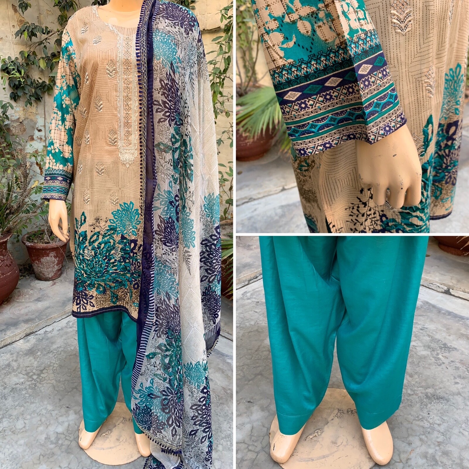 Pakistani Beige & Teal Printed Straight Shirt 3-PCS Lawn Suit w/ Threadwork ,L