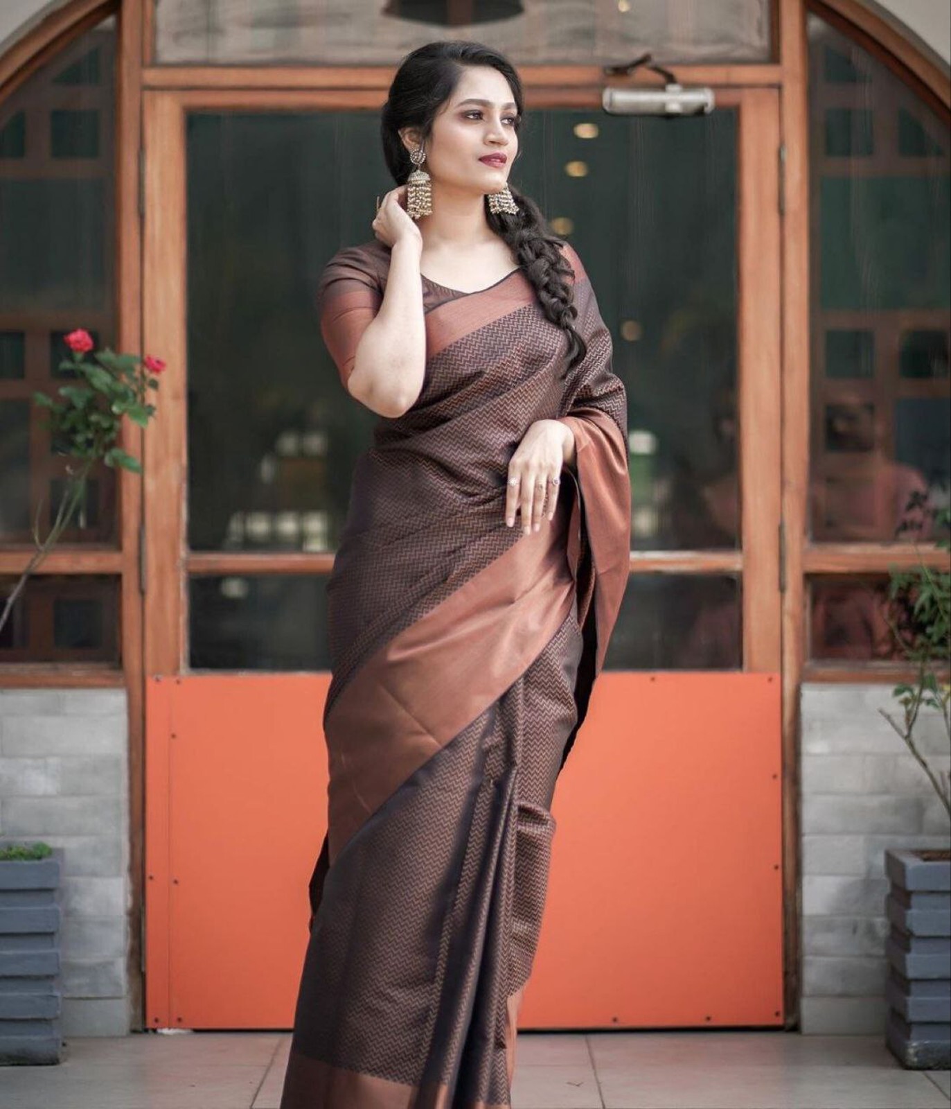 Areca Designer Copper Zigzag Brown Silk saree blouses women Saree Cut 5.5 Meter