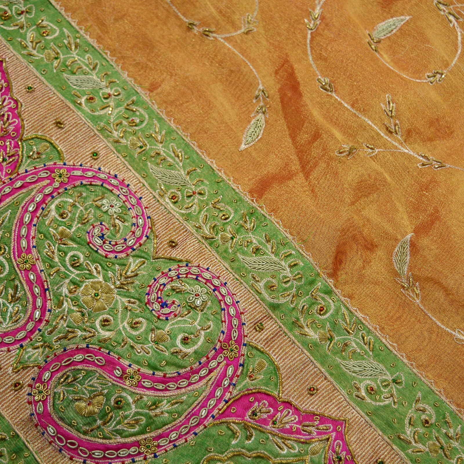 Vintage Heavy Golden Dupatta Pure Tissue Silk Long Stole Hand Embroidered Scarf