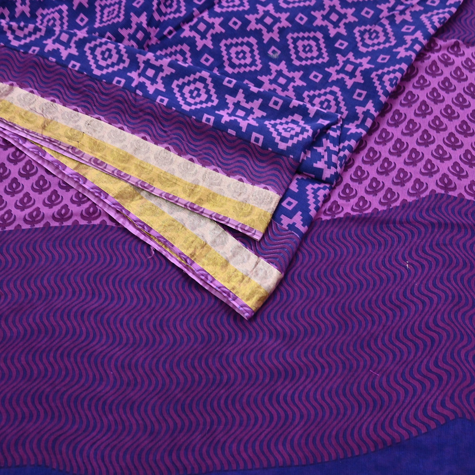 Indian Vintage Sari Blue & Purple Printed Pure Cotton Sarees Craft Fabric 5Yd