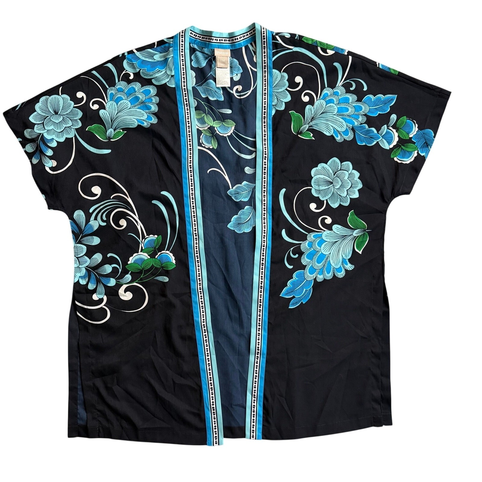Chico’s Floral Open Front Kimono Cover Up Blue Black Women’s S/M