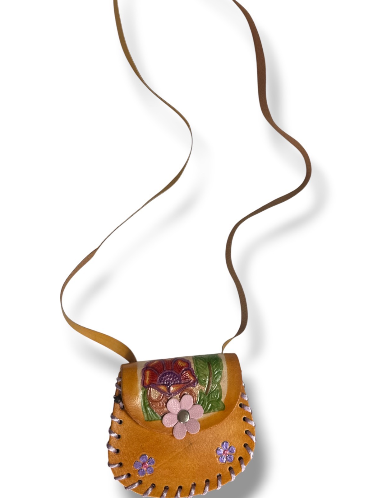 HAND TOOLED LEATHER MINI FLOWER BAG , CROSSBODY, 4″ X 4.5″ , NEW , 01