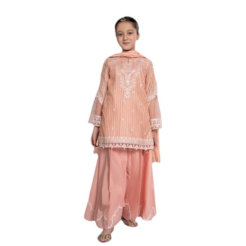 Original Maria B Girls Suit Peach Stripe Cotton Embroidered Shalwar Kameez 12-14