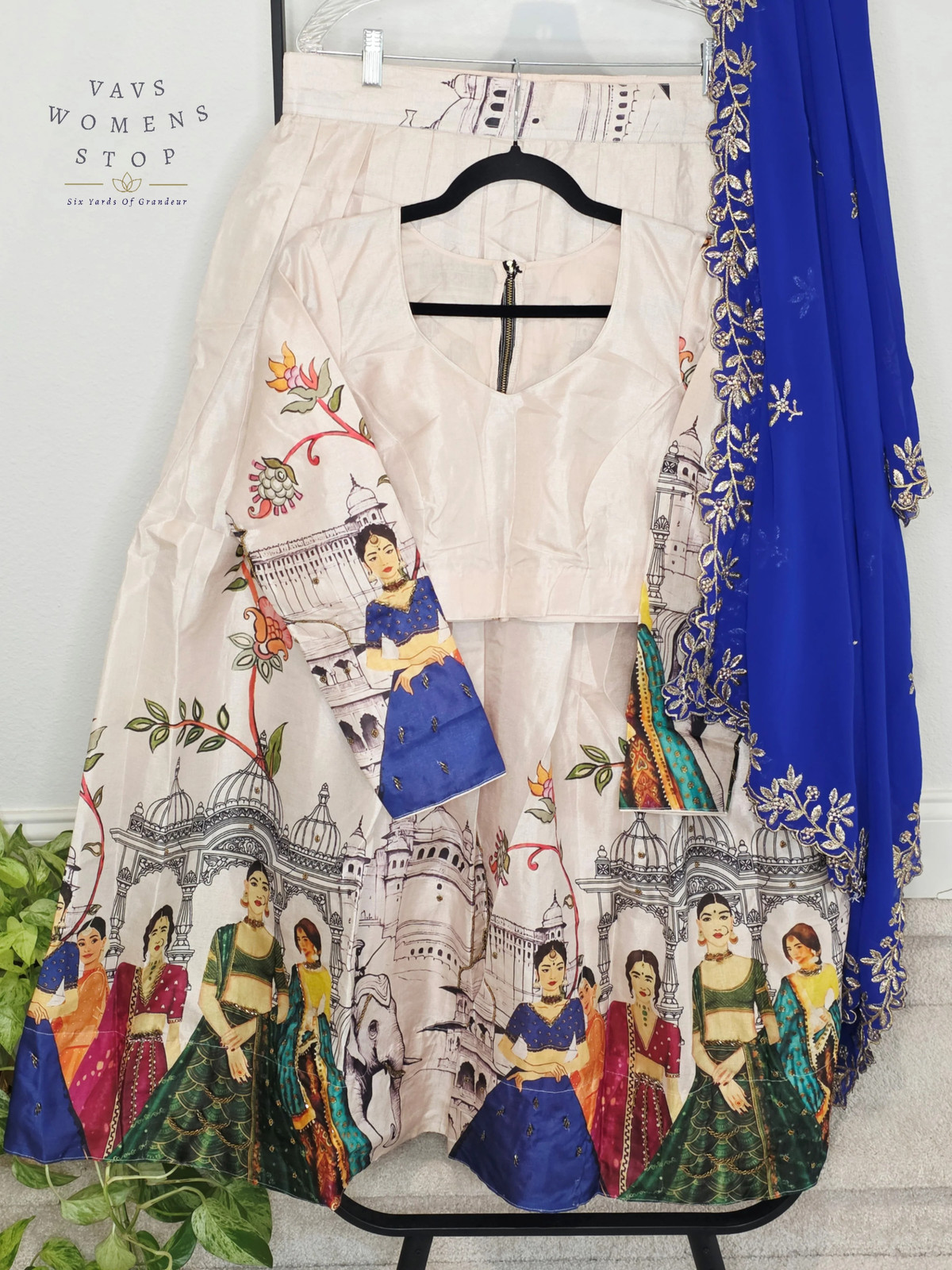 Tussar Silk Cotton Lehenga Ivory Pearl Sapphire Dupatta Blouse 36-42 Ready Ship