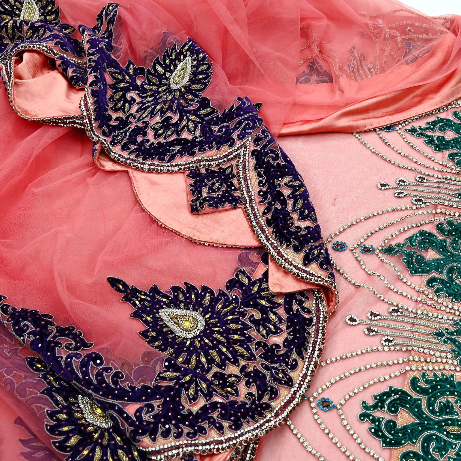 Vintage Heavy Sari Peach Net/Mesh Hand Embroidered Sarees Craft Fabric 5Yd