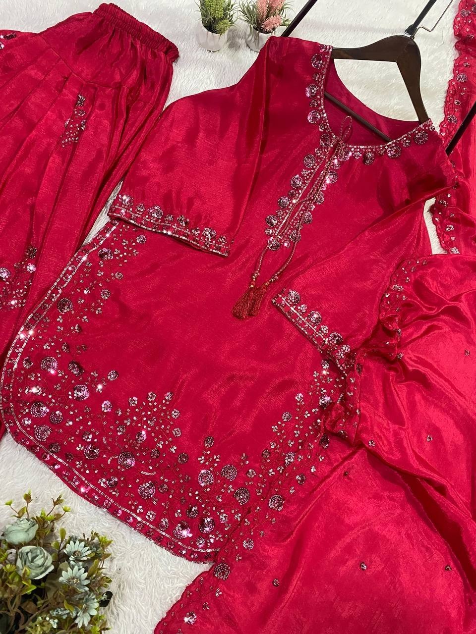 Beautiful Chinon Silk Pink Salwar Kameez With Dupatta For Indian Functional Wear
