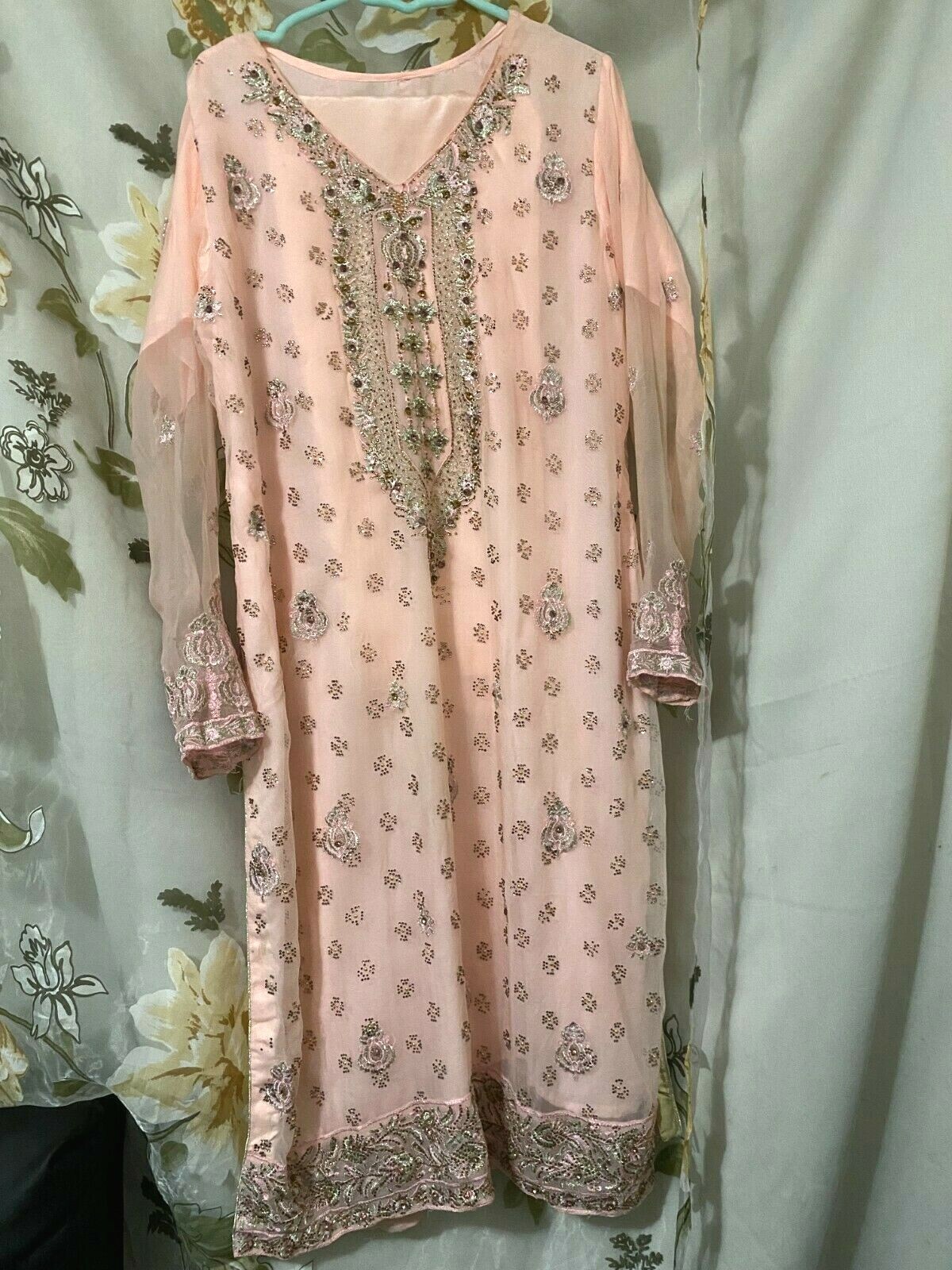 Ladies Ethnic Pakistani Georgette Chiffon Salwar Kameez 3-PC suit tea pink