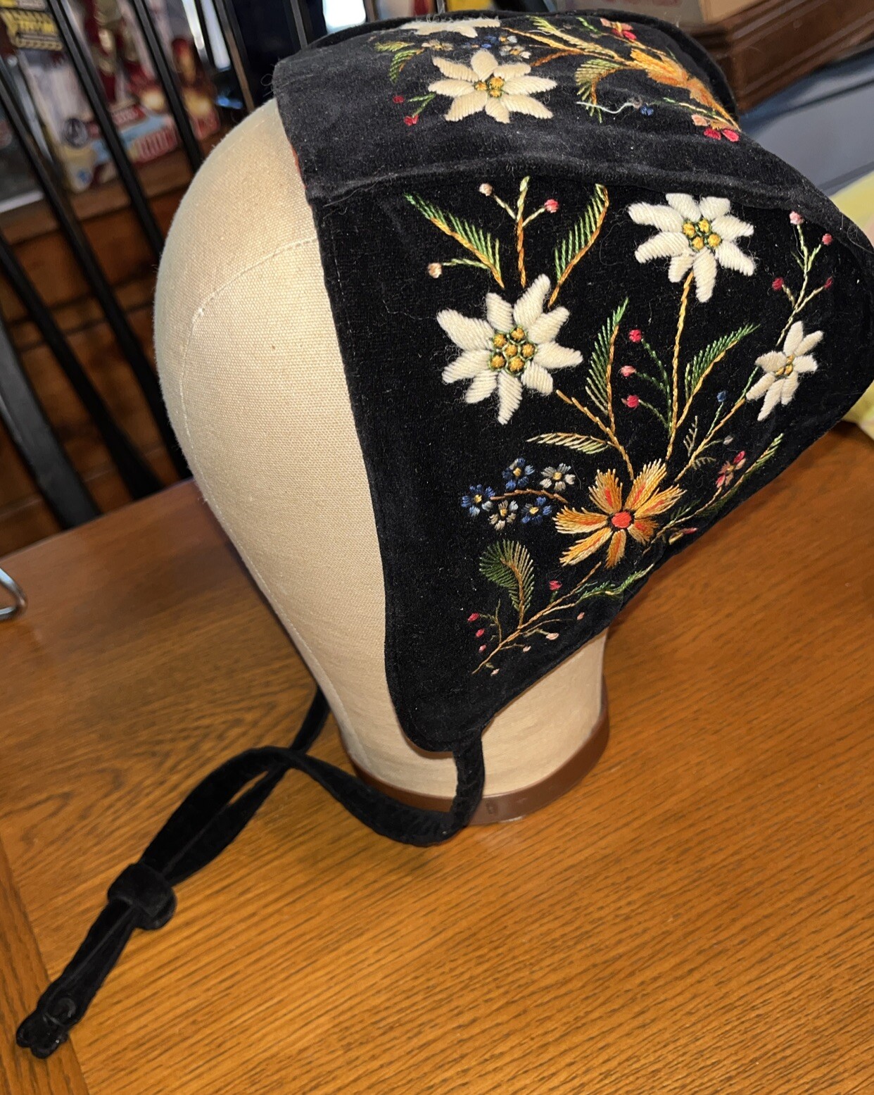 Black Embroidered Folk Dress Cap 50%Wool50%Cotton Switzerland Max Hurni