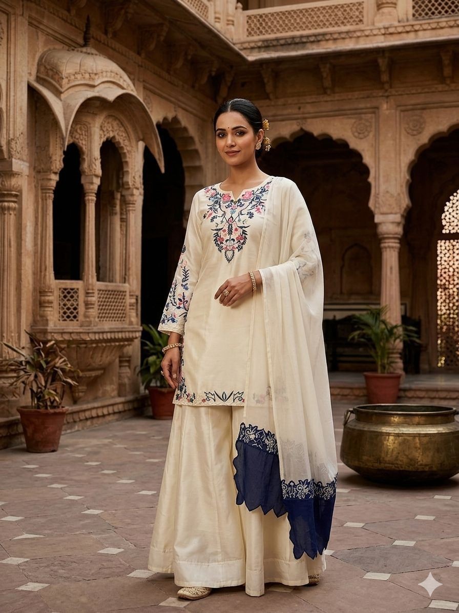 Latest New White Crepe Silk Kurta Palazzo With Dupatta For Party Wear