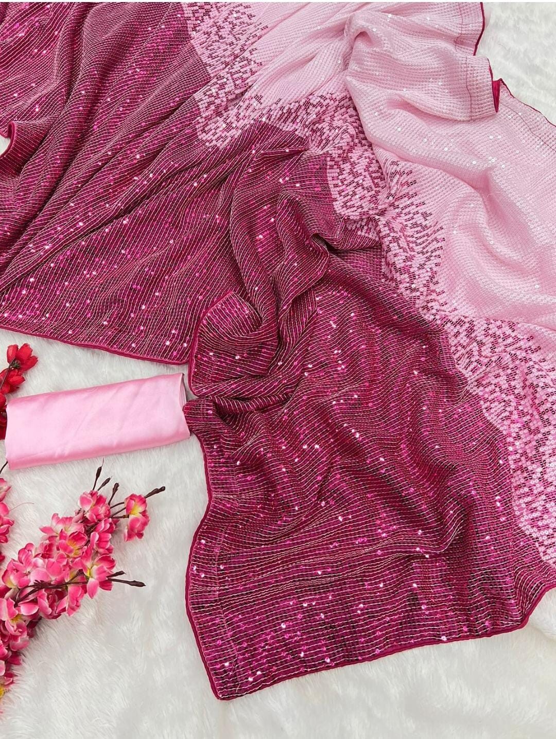 Dual Tone Pink Georgette Sequin Saree with Stitched blouse