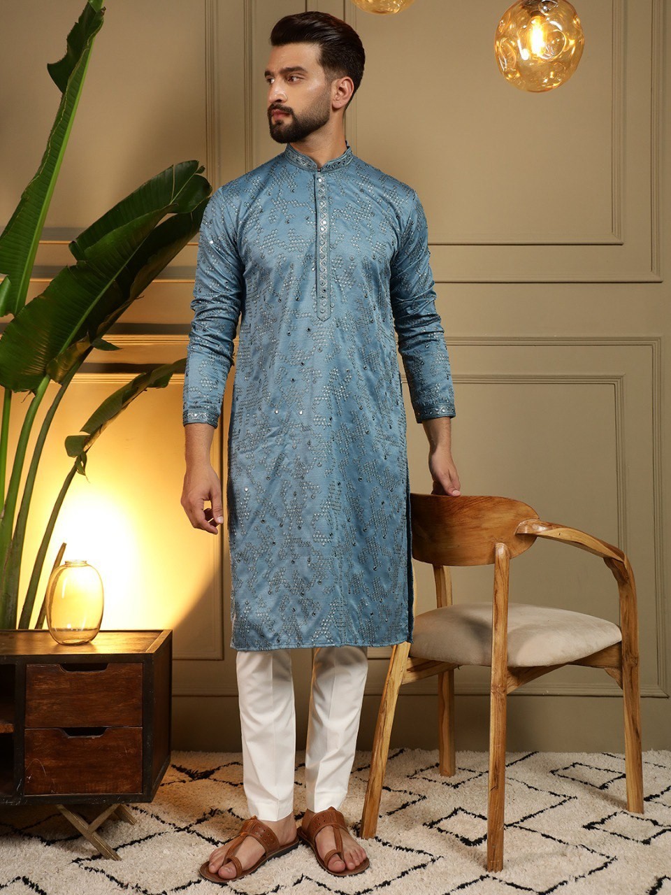 Designer Cotton With Heavy Khadi Embroidery Mirror Kurta Pajama Set For Men’s