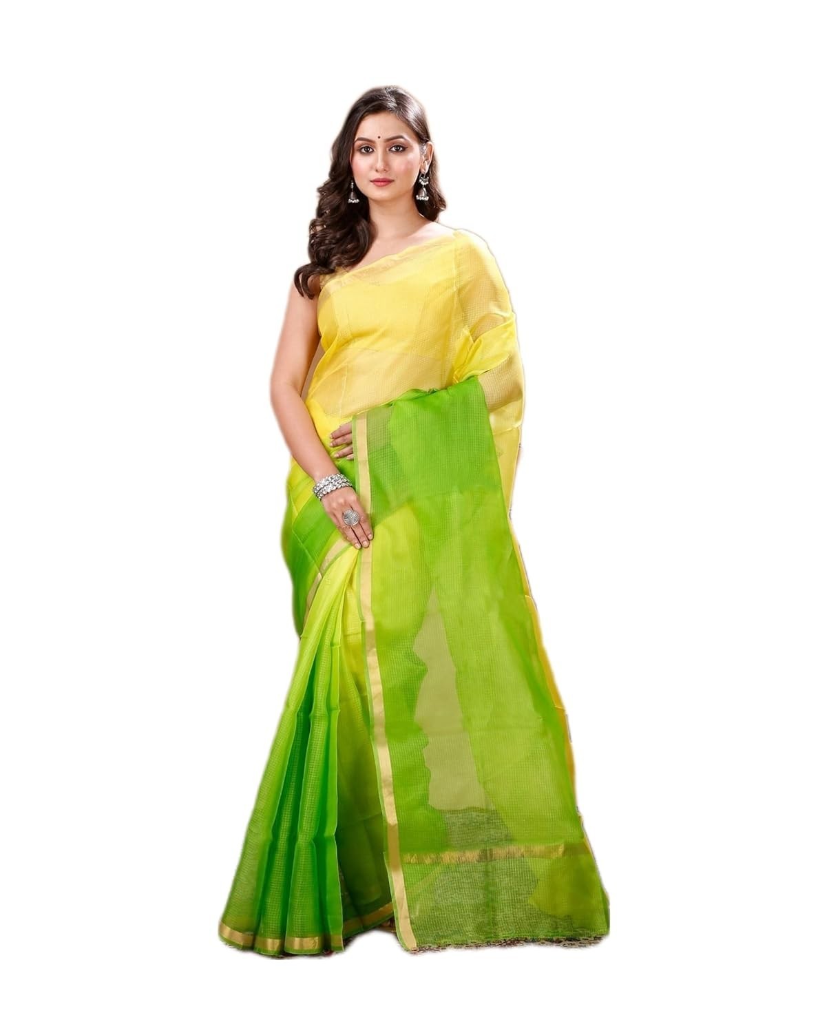 Women’s Handwoven Small Zari Border And Mini Check Soft Kota Doria Silk Saree