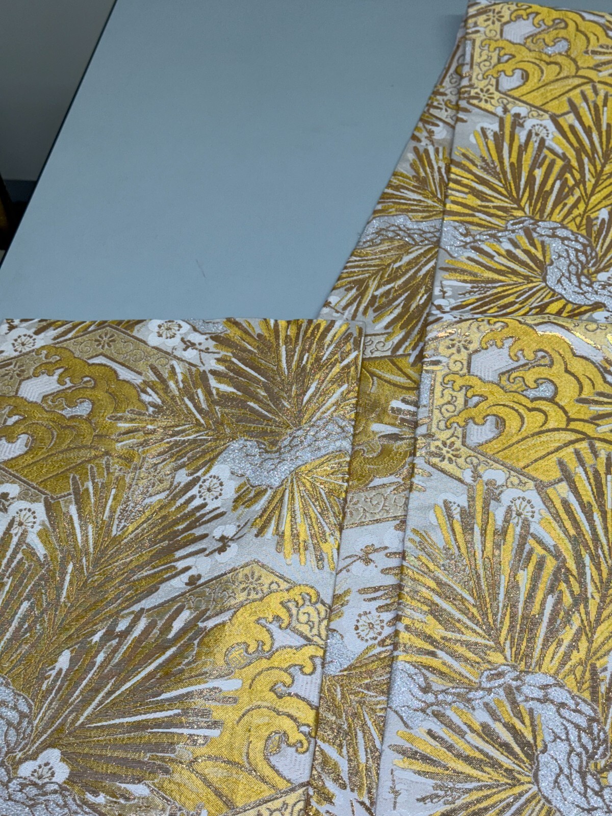 Japanese Vintage Kimono Maru Obi silk Gold Embroidery Reversible 153.5×11.8in