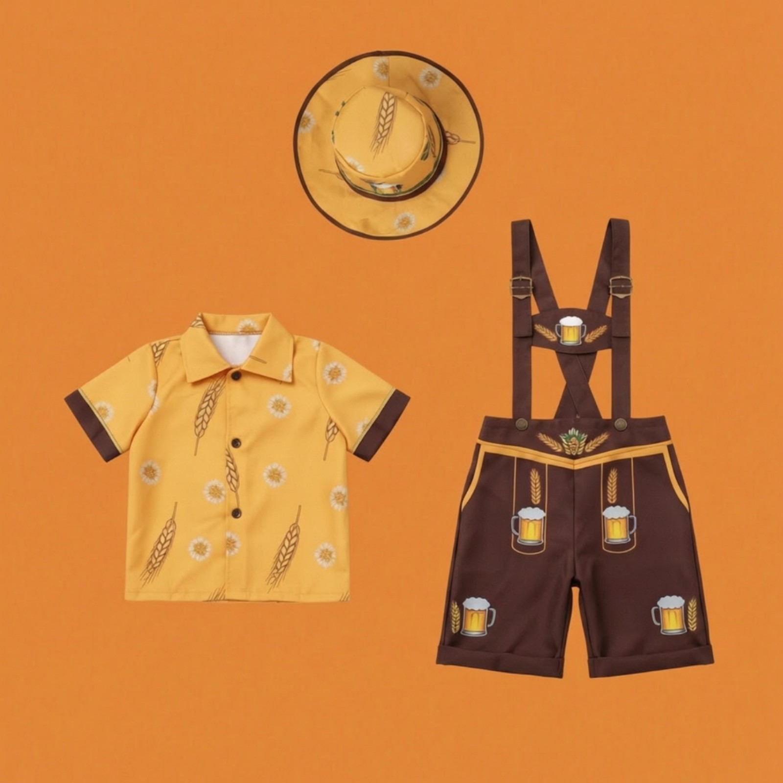 German Costume with Hat Kids Lederhosen Attire Short-Sleeve for Halloween