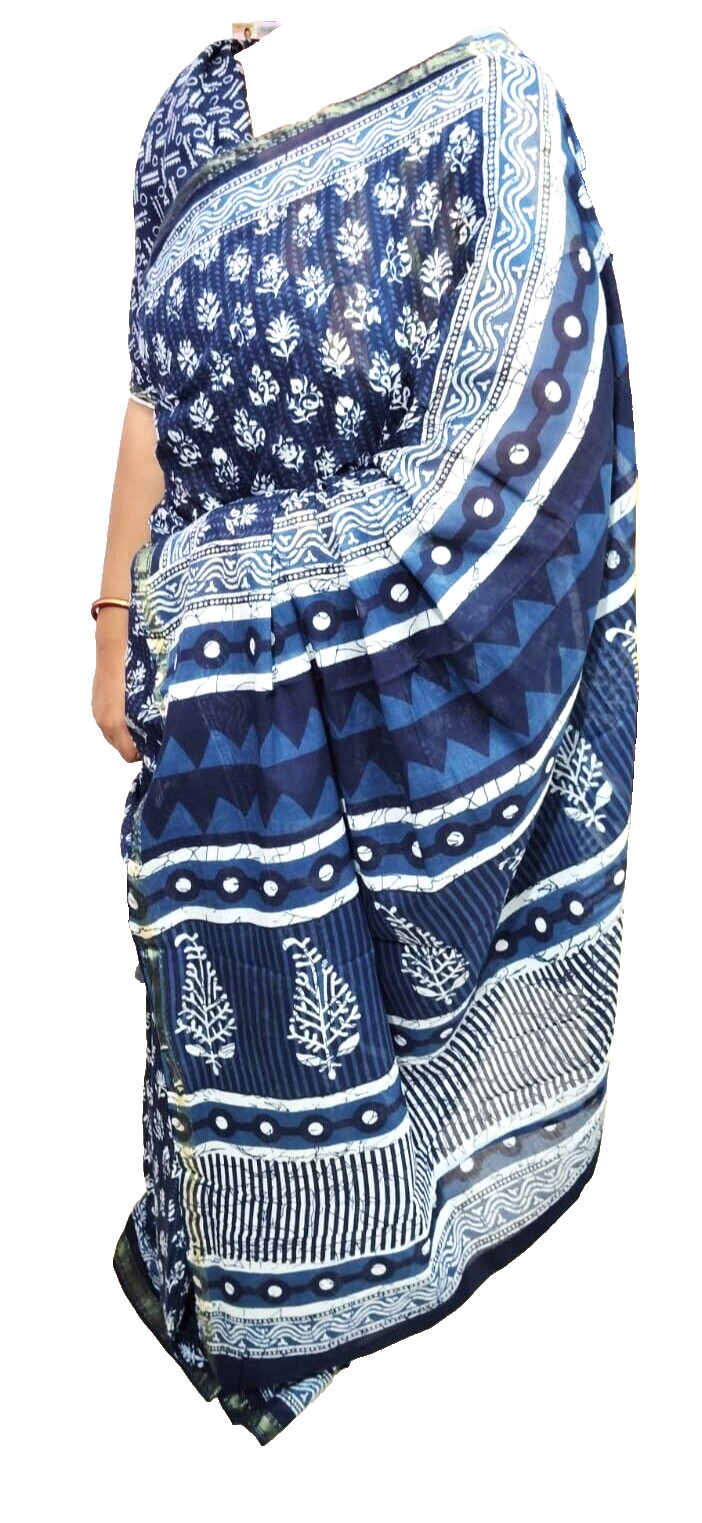 Indigo 100% cotton mulmul hand block jari border saee with unstitched 1