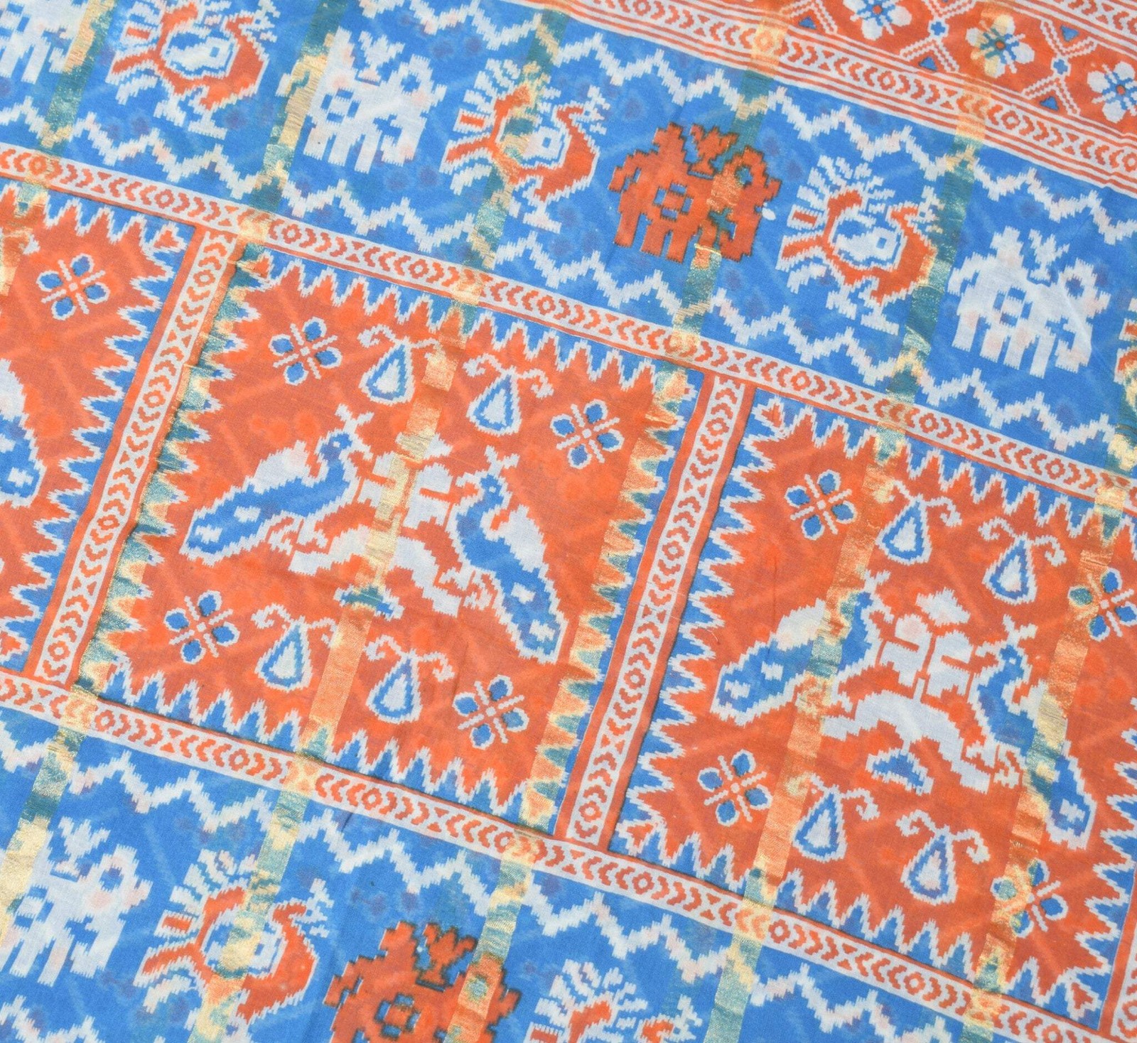 Sushila Vintage Ikat Print Saree Turquoise Blue Pure Cotton Soft Craft Fabric