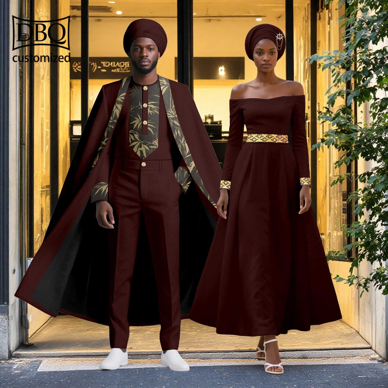 African Couple Clothes Men Long Cloak+Jacket Pants Set Women Dress with Headwrap