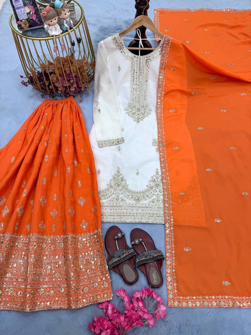 Beautiful Orange Chinon Silk Top Palazzo With Dupatta For Women & Girls