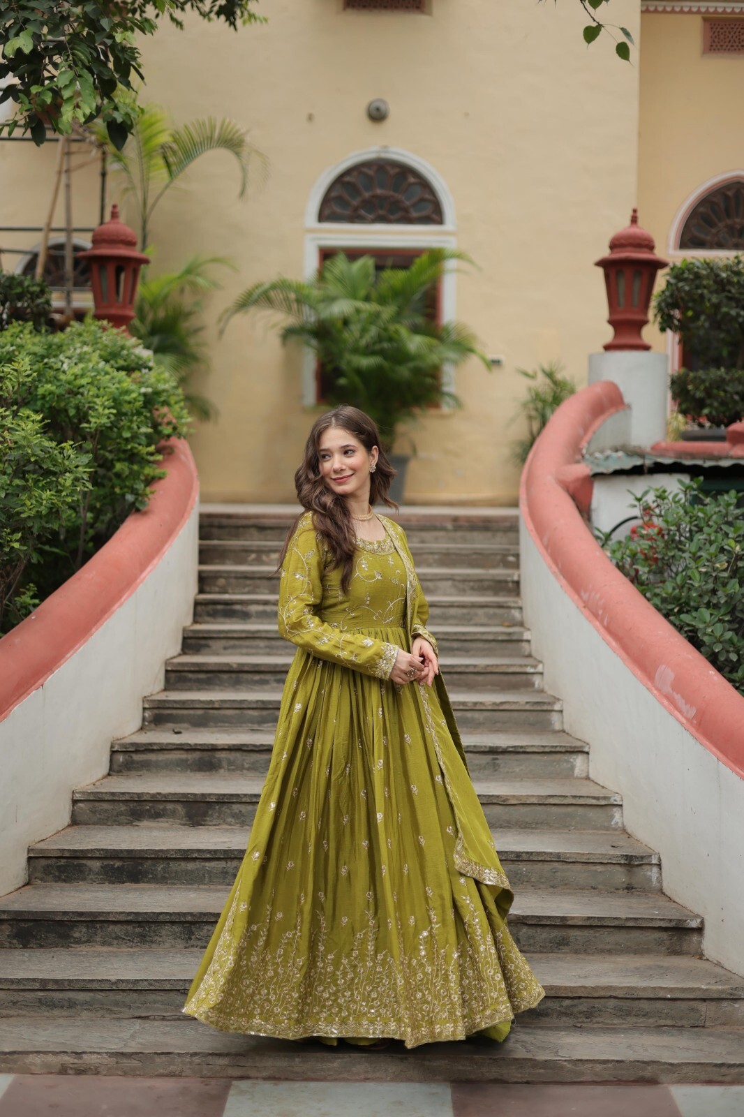 Bollywood Pakistani Sequins Work Green Salwar Suits For Mehendi Event Wear Gown