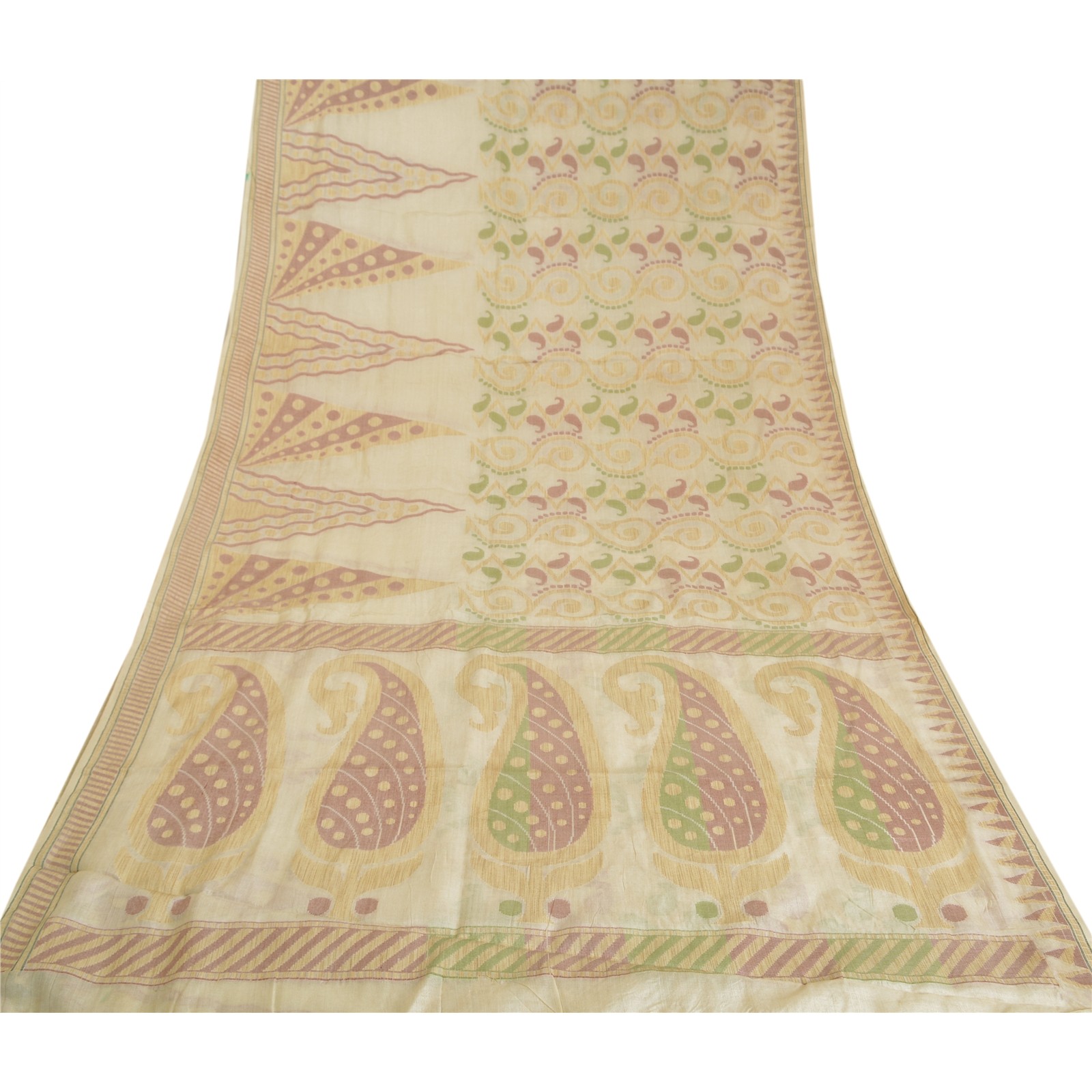 Sanskriti Vintage Ivory Indian Sarees Blend Silk Woven Sari Craft 5 Yard Fabric