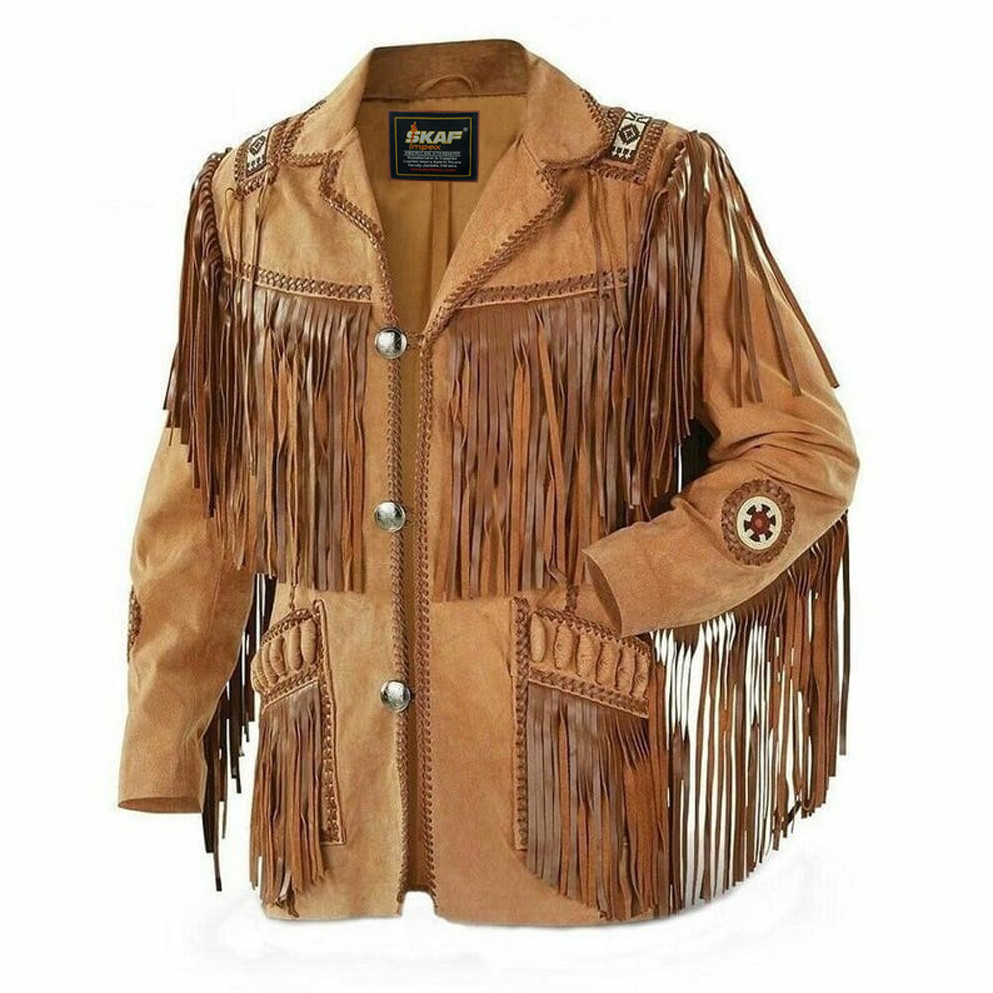 Western Cowboy Jacket Suede Leather Fringe Bone Beads Native American Style