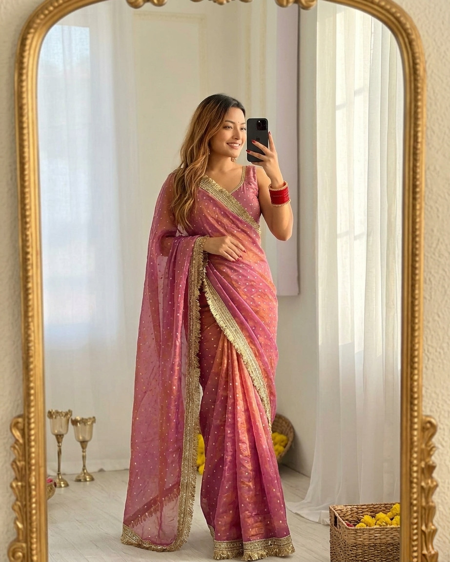 Shimmer Organza Silk Saree Heavy Golden Fringe Border Party Wear Sari Women Silk