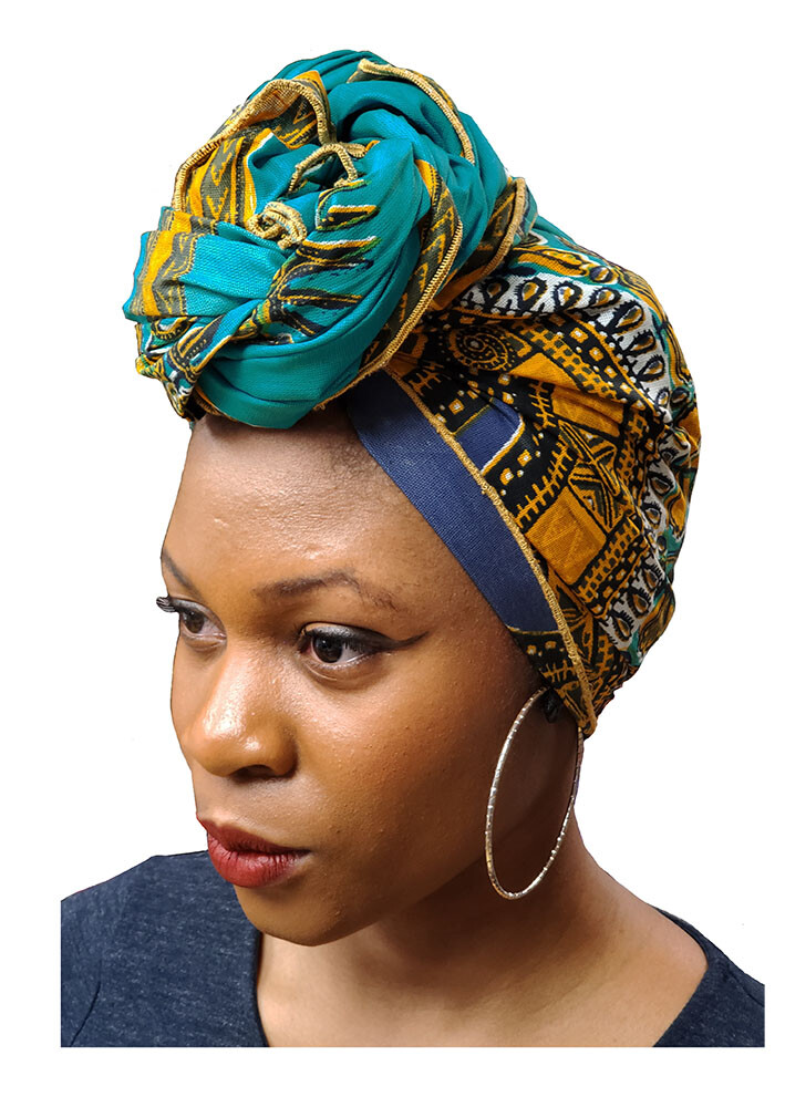 Turquoise African Print Ankara Head wrap, Tie, scarf, 100% Cotton DP3769