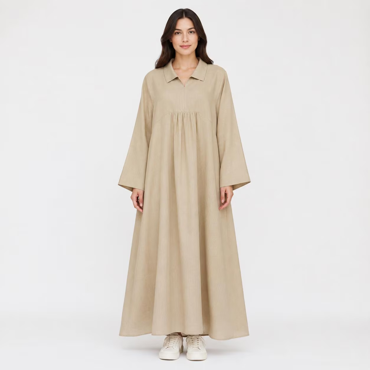 Women’s Gathered Cotton Abaya Dress Long Maxi Modest Loose Fit with Pockets