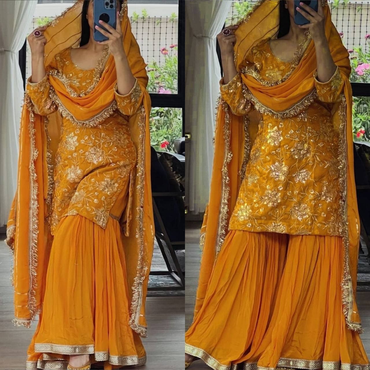 Embroidered Yellow Crepe Kurta Palazzo With Dupatta For Women & Girls