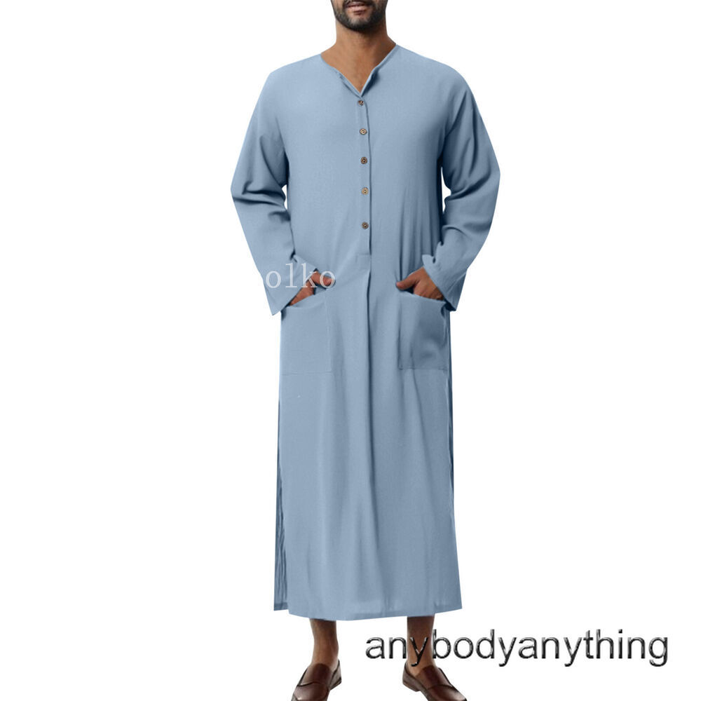 Mens Cotton Muslim Clothing Long Sleeve Islamic Saudi Arab Kaftan Robe Loose Fit