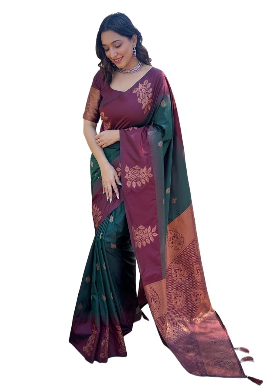 Women Soft Silk Floral Zari Woven Unique Color Contrast Saree with Blouse Piece