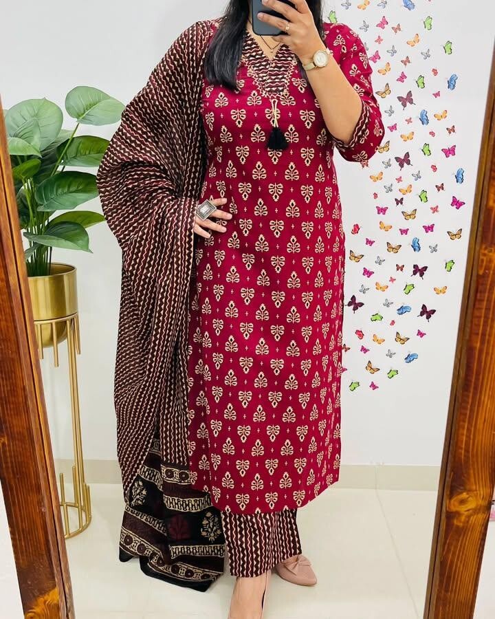 Indian Hand Block Printed Kurta Palazzo Dupatta Set Women Designer Salwar Kameez