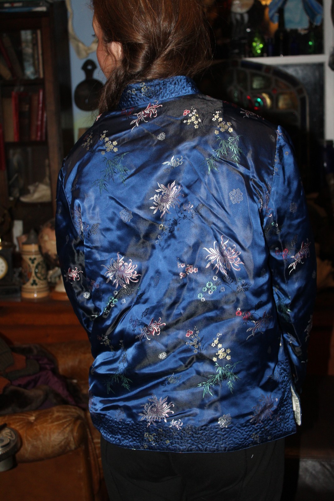 Vintage Chinese Jacket Blue Peonies Satin Floral Jacquard Reversible Med