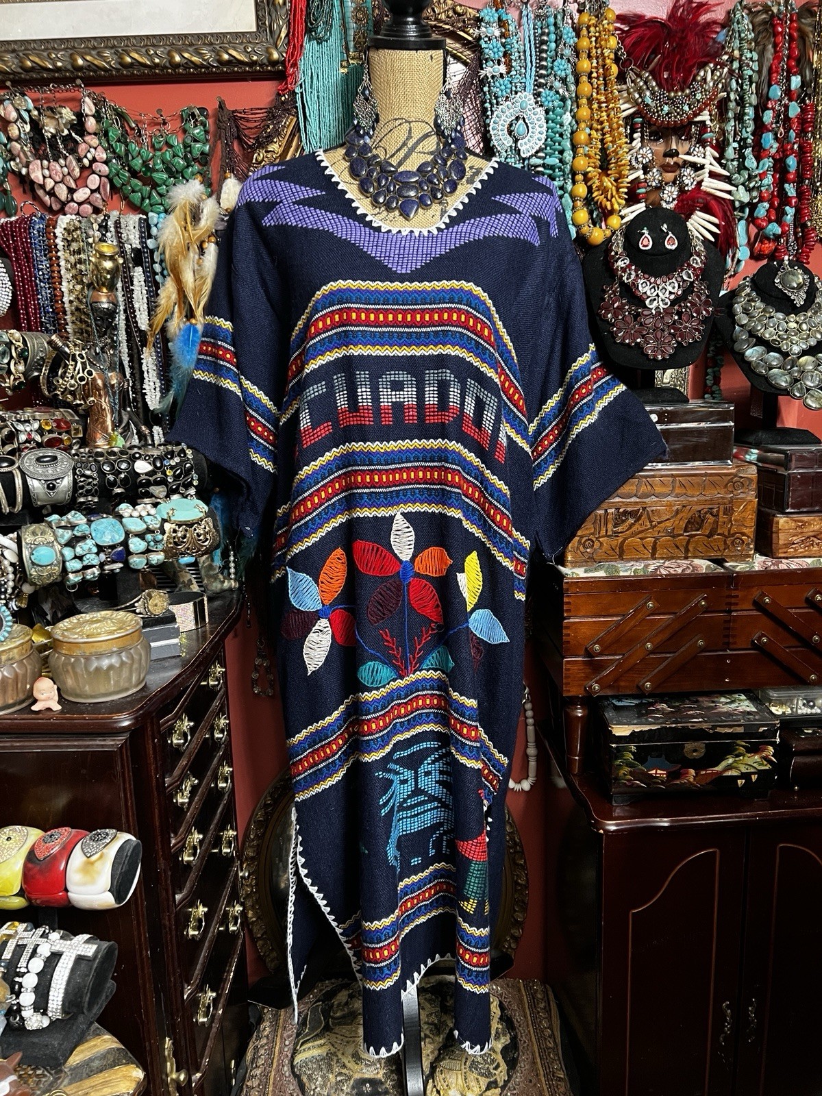 Beautiful Navy Blue Ecuadorian Multi Color Woven & Embroidered Aztec Dress Sz L