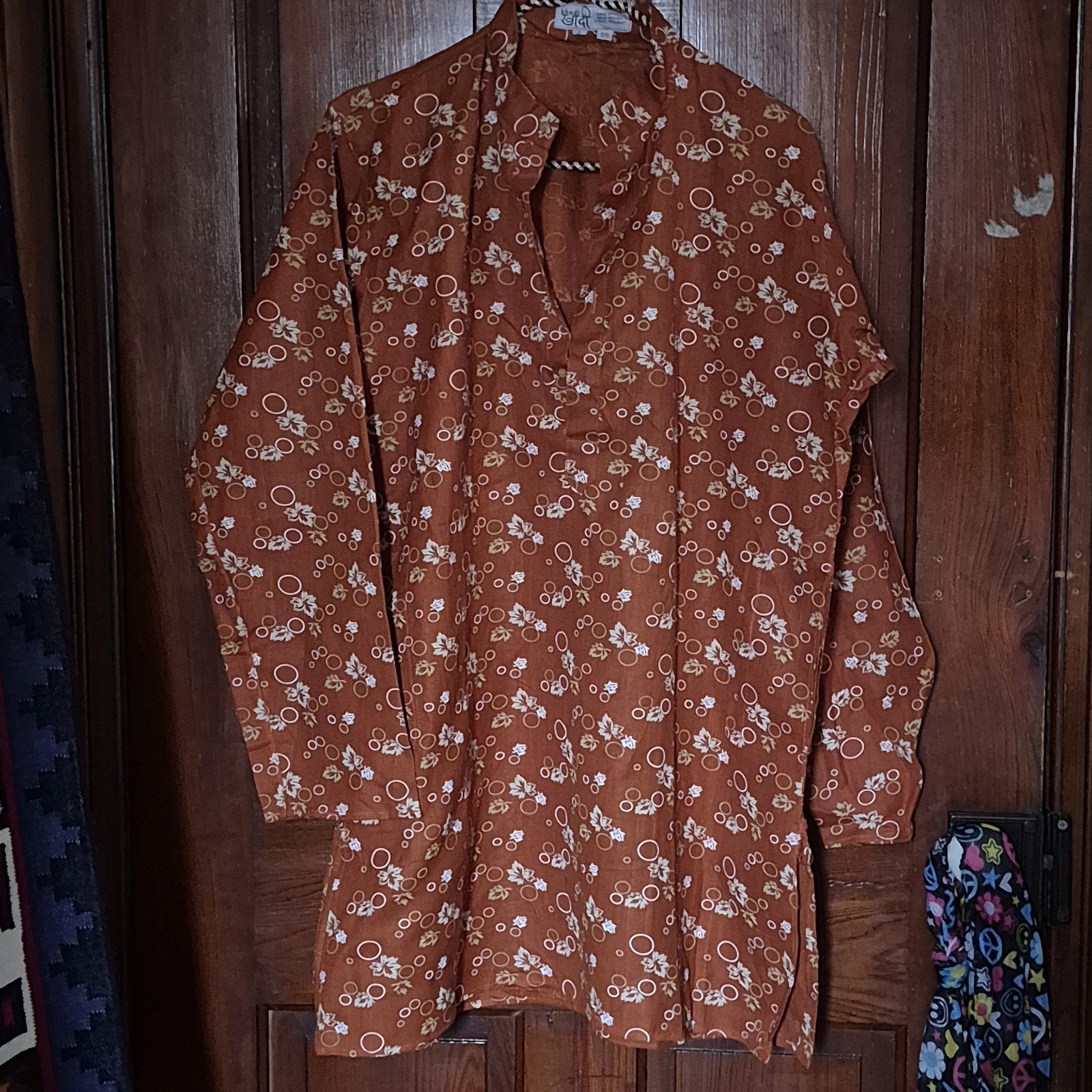 Khadi India Handspun Handwoven Cotton Kurta Tunic Artisan Boho Rust Leaf Large