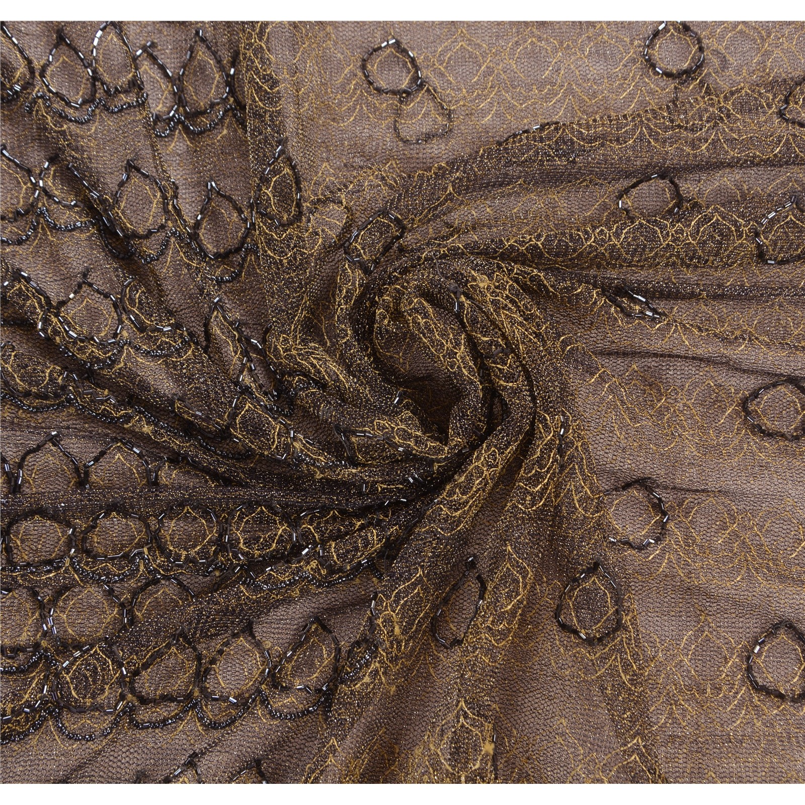 Sanskriti Vintage Black Sarees Net Mesh Hand Beaded Woven Craft Fabric Sari