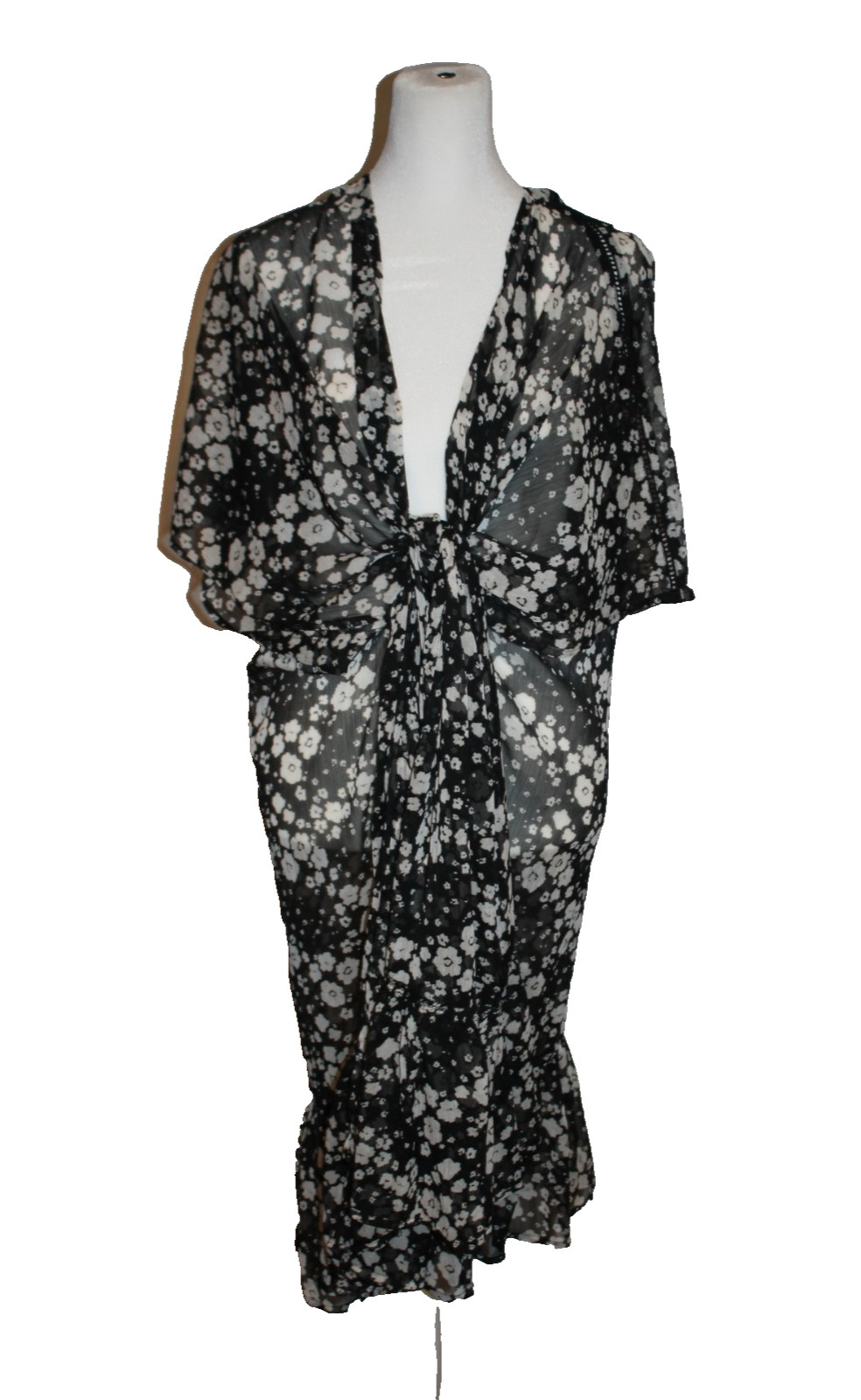 LC Lauren Conrad Black Floral Kimono Swim Cover One Size Sheer Boho 40” NEW