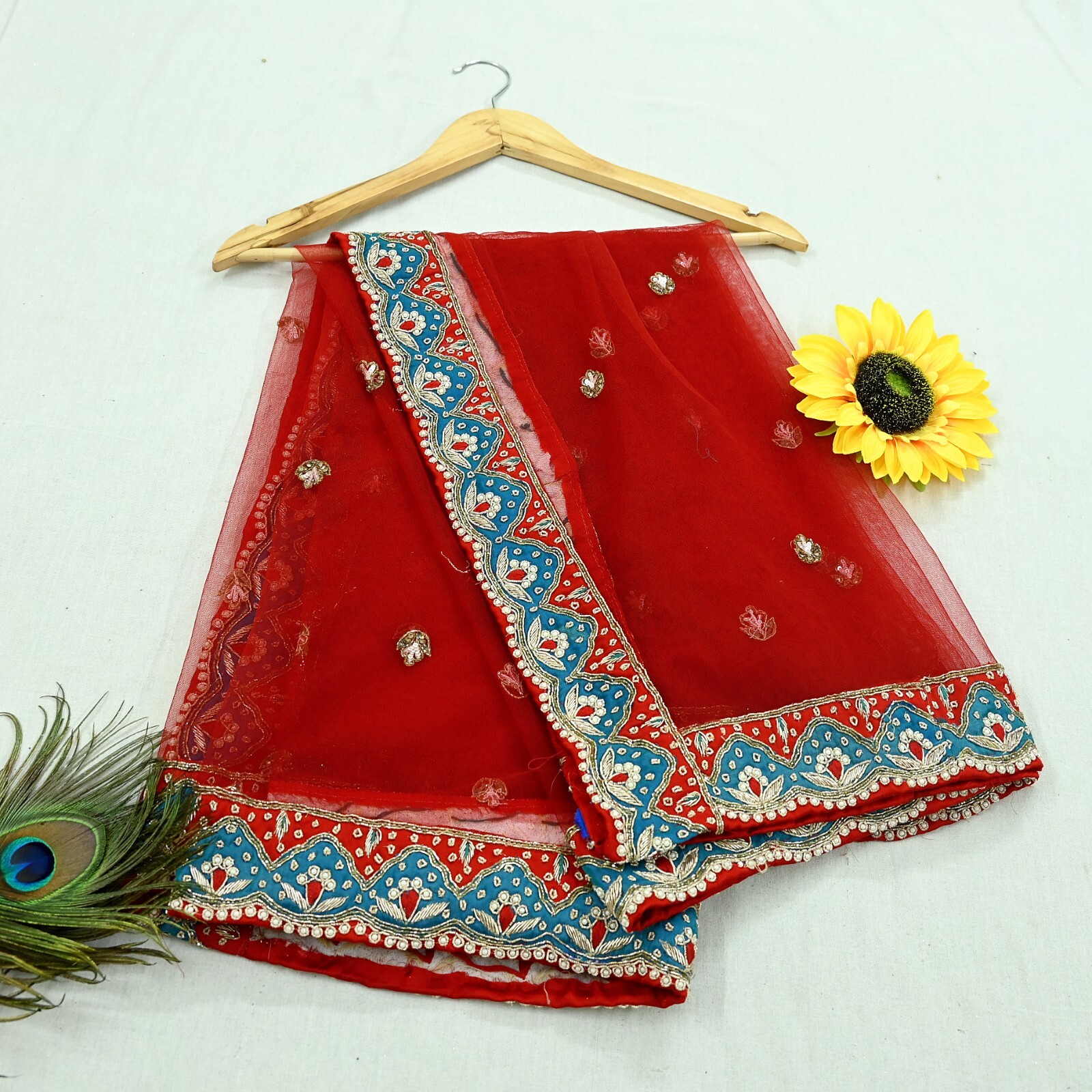 Pre-owned Red Satin Silk Hand Embroidered Designer By Anamika Khanna Lehenga Set