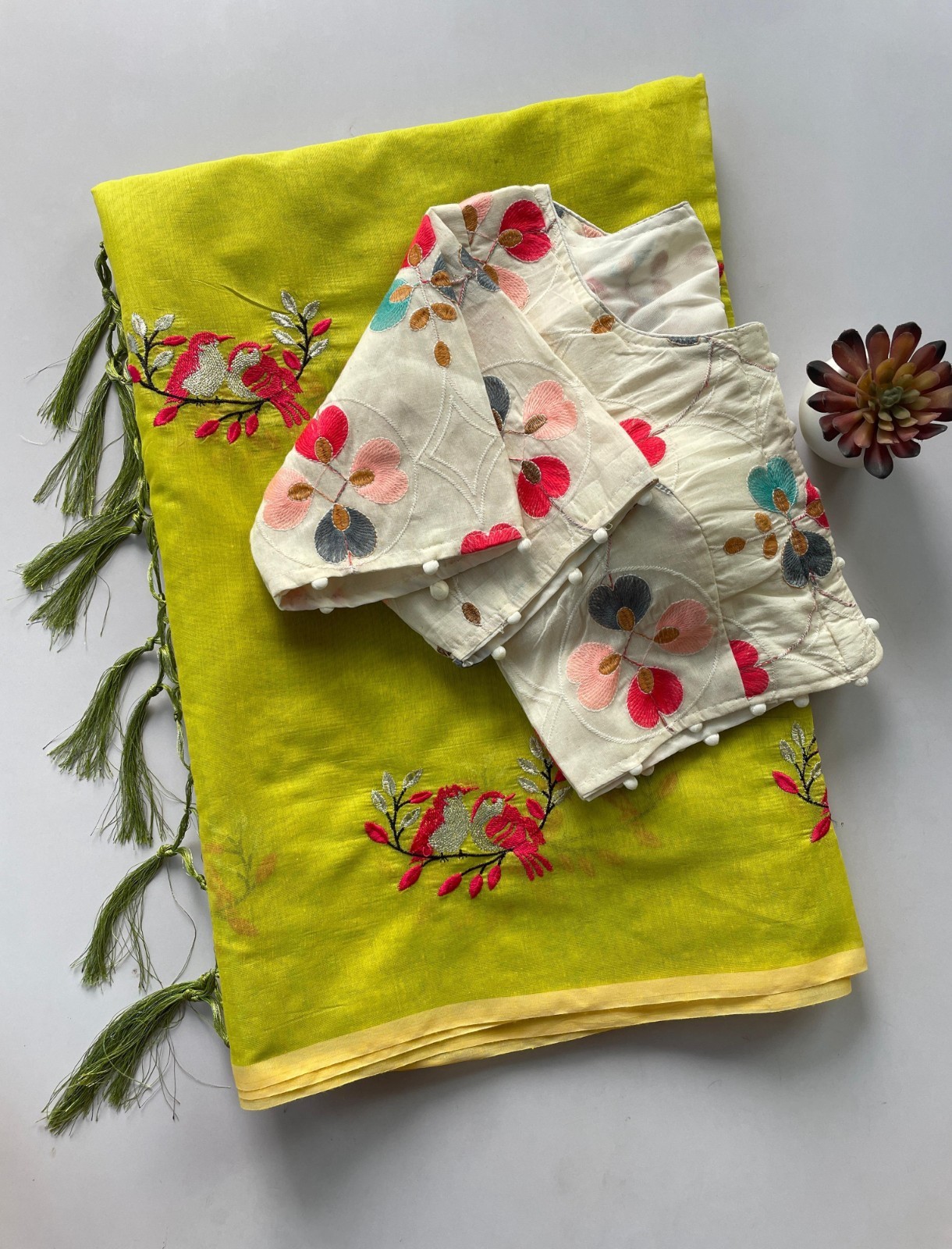 Chanderi Saree with Love Birds Work With Heavy Embroidered Full stitch Blouse.