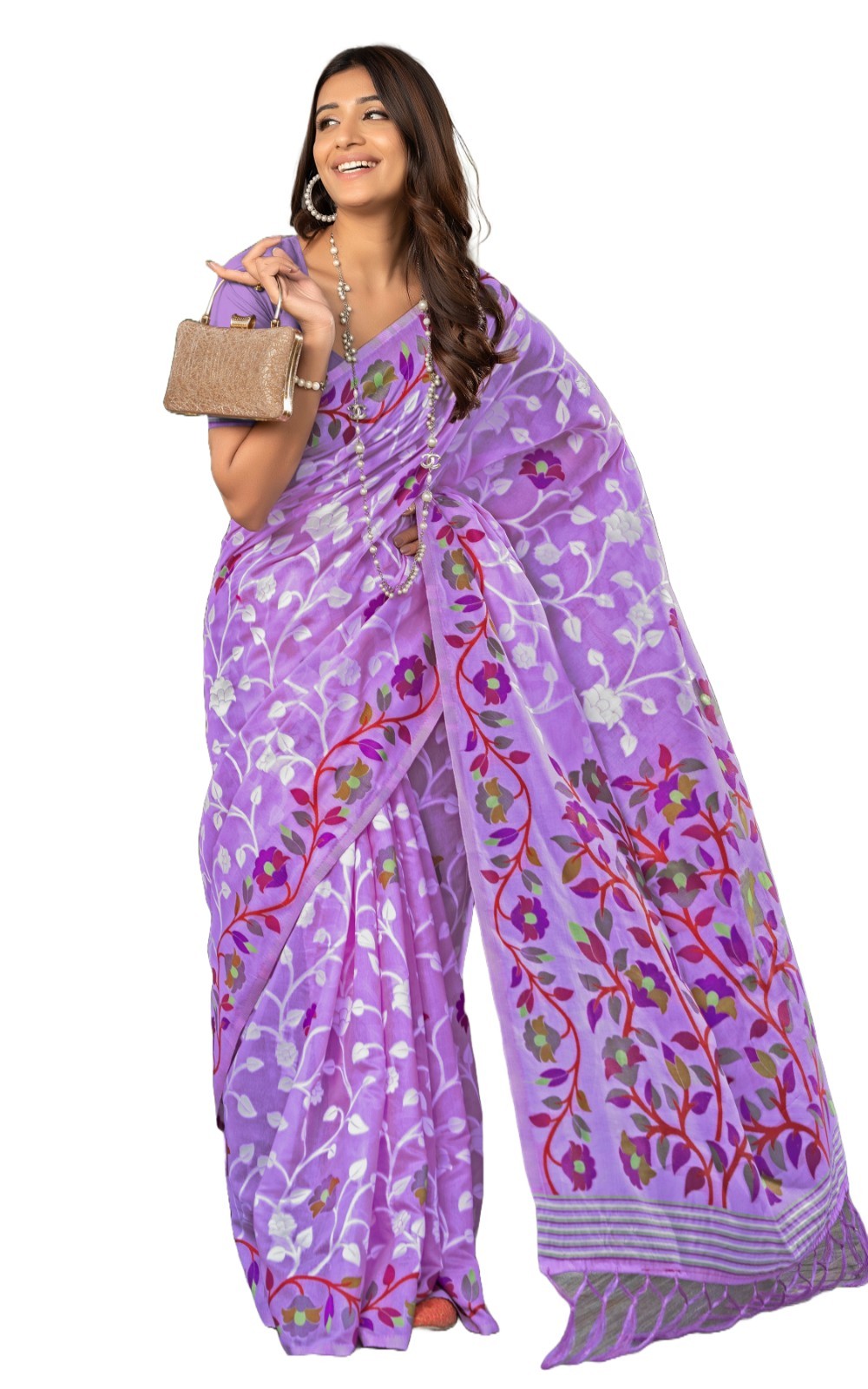 Traditional Soft Jamdani Saree Floral Handwoven Inspired Cotton Blend Women