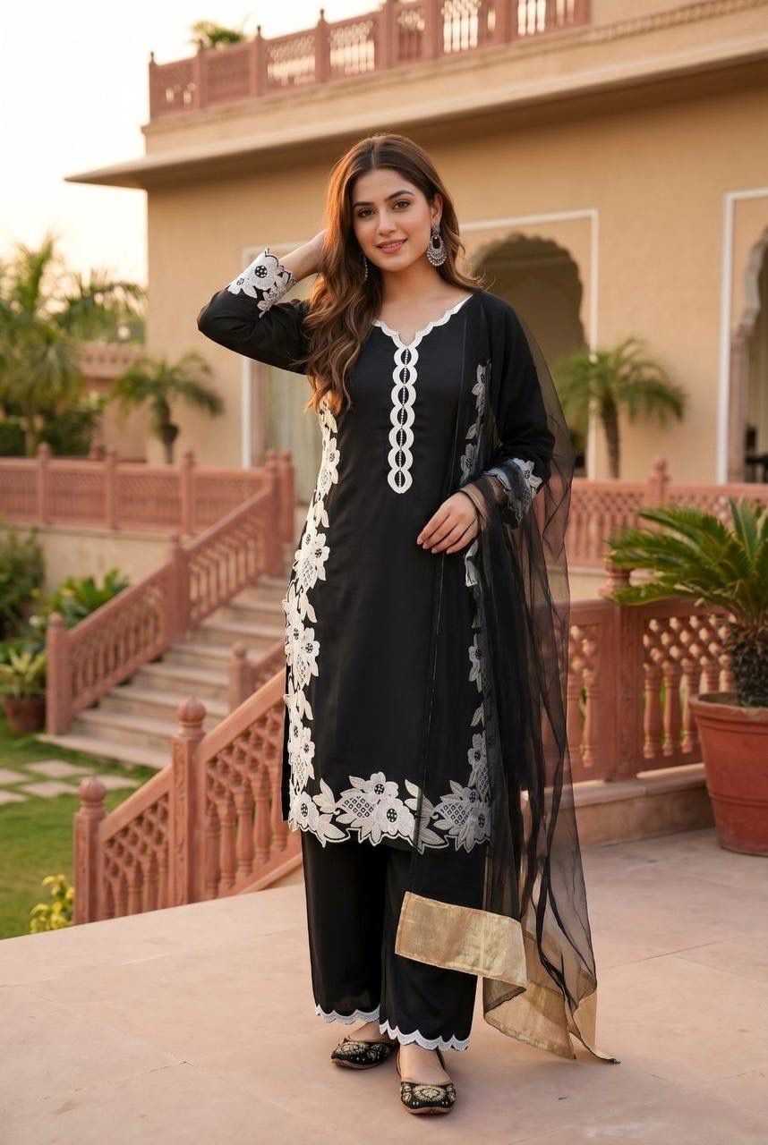 New Heavy Natural Silk Black Micro Top Palazzo With Dupatta For Functional Wear