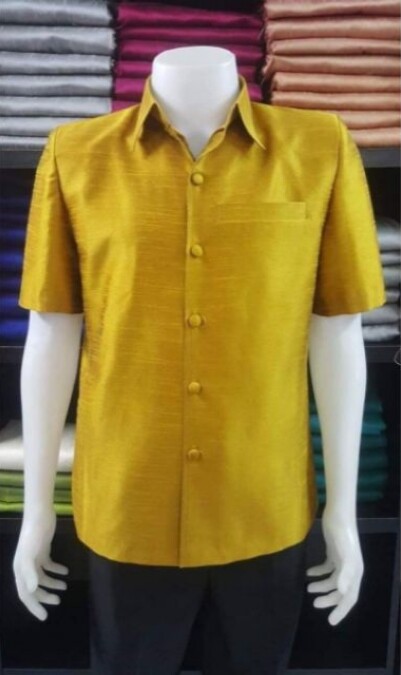 Thai Traditional Man’s Silk Shirt Thai Silk Prare Tip Gold Work Size S-3XL