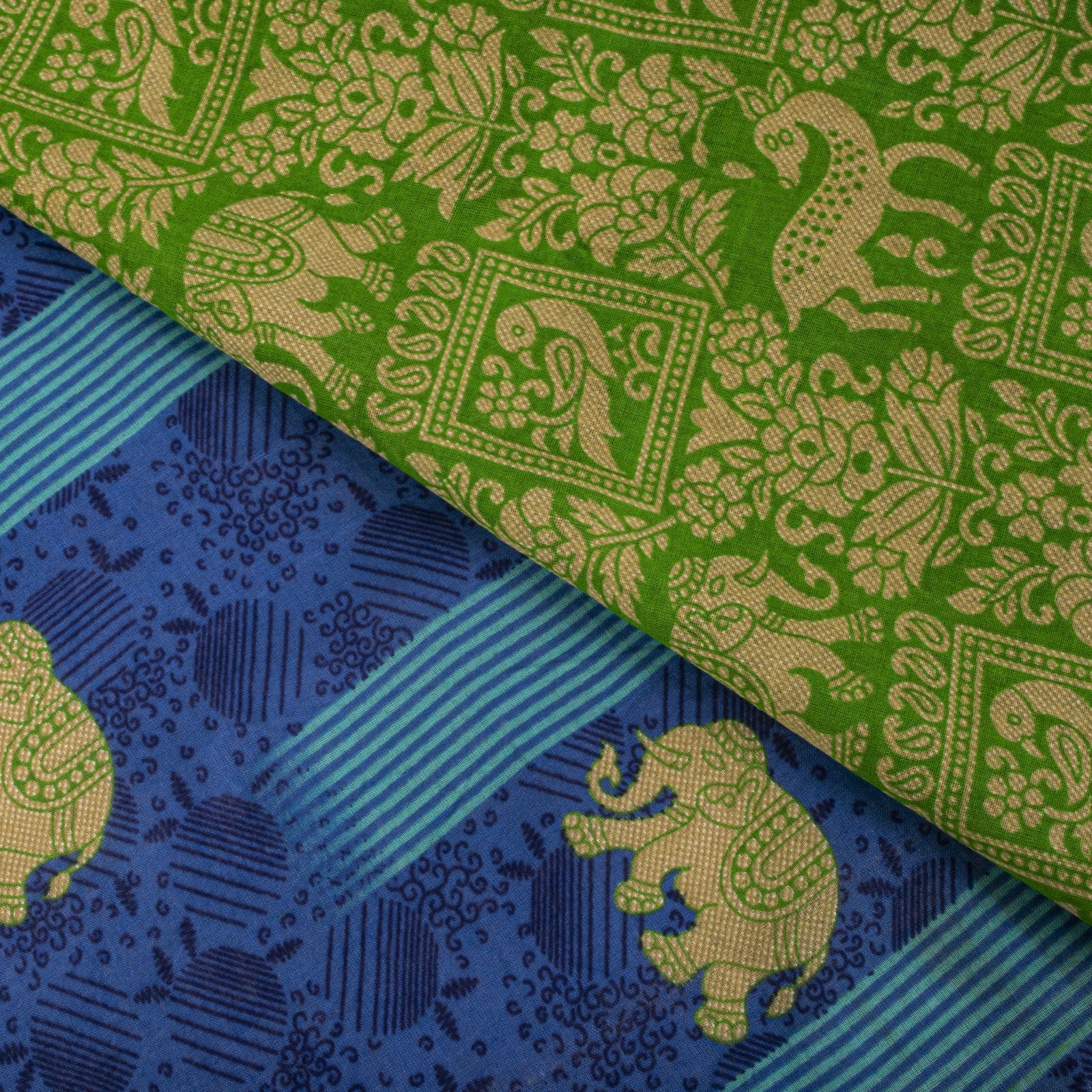 Sanskriti Vintage Saree Blue-Green Pure Cotton Animal Printed Craft Fabric Sari