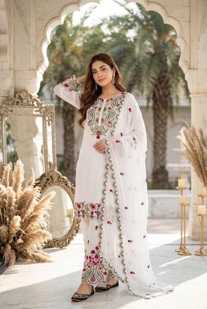 Designer Party Wear White Roman Silk Kurta Palazzo With Dupatta For Women