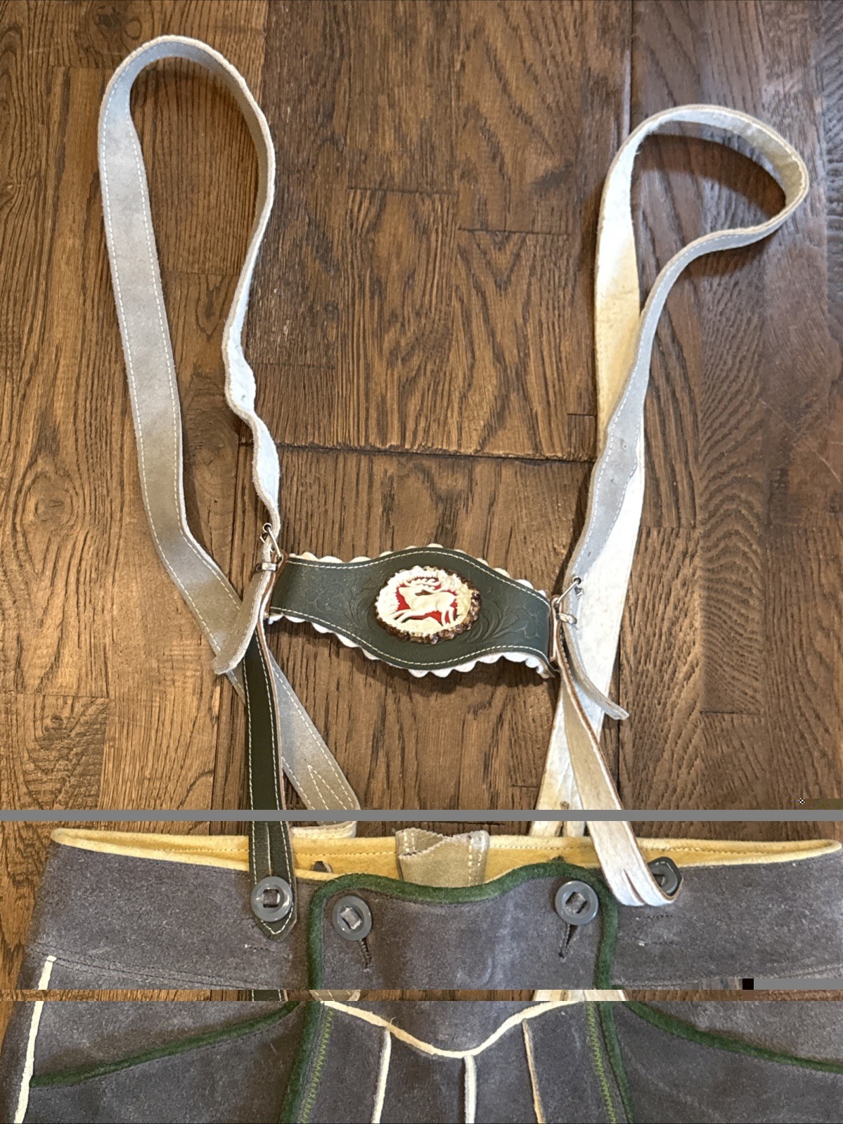 Men’s Vintage Lederhosen Gray Leather Green Accents w/ Suspenders Bavarian 33 EU