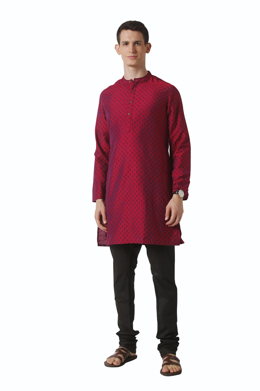 In-Sattva Men’s Mandarin Collar Micro Dobby Fine Print Magenta Kurta Tunic