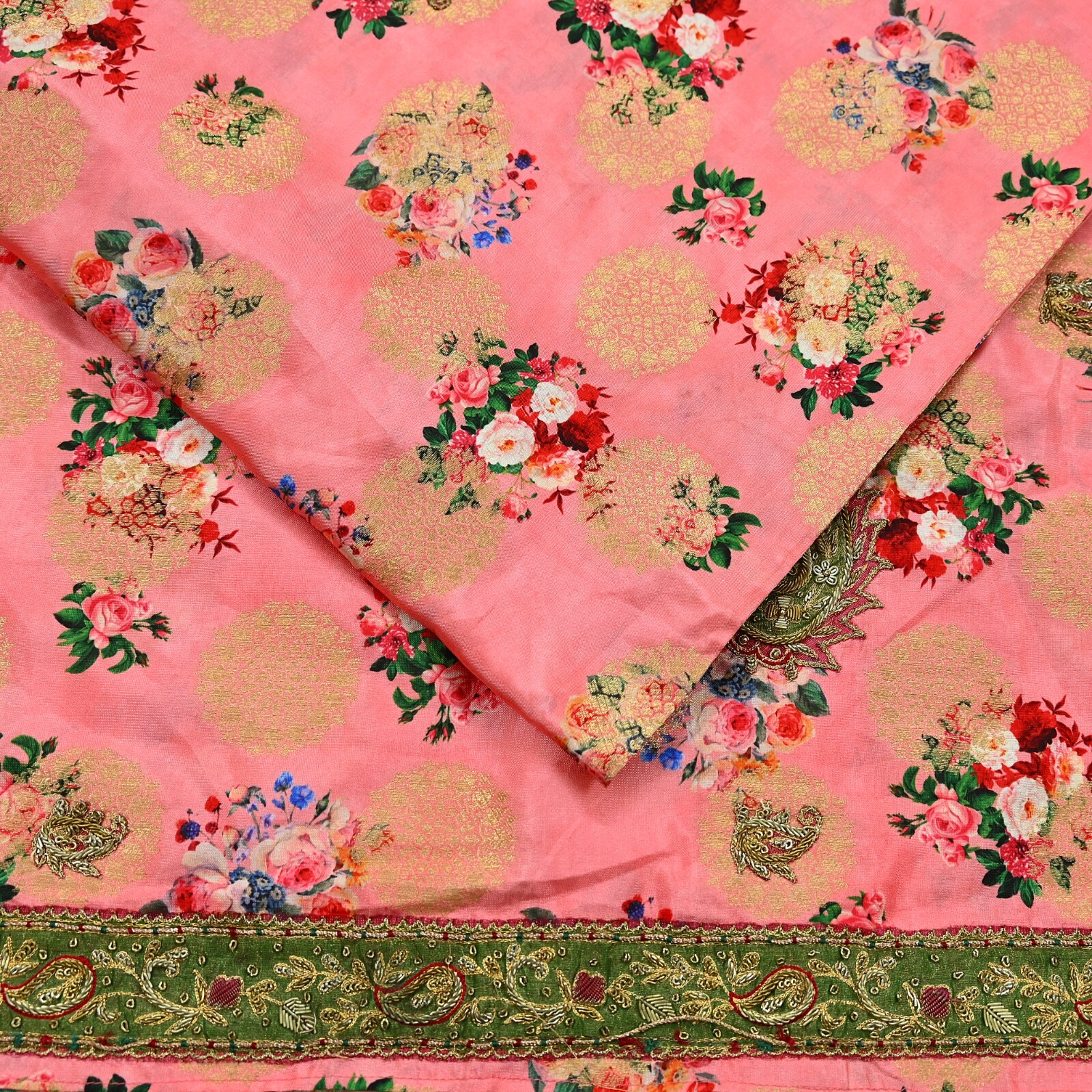 Vintage Peach Sarees Hand Embroidered Woven Brocade Sari Fabric 6Yd Sewing Dabka