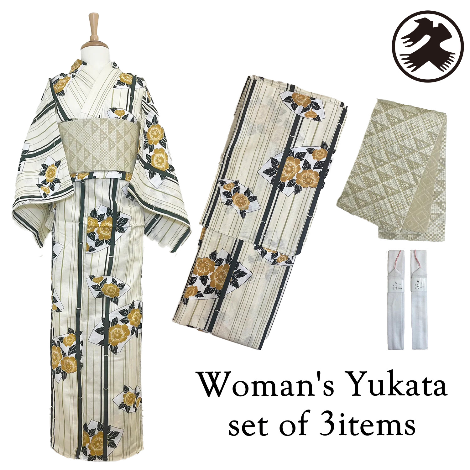 Women’s Cotton Yukata Coordinate Set For Beginners : White, Flowers & Beige Obi